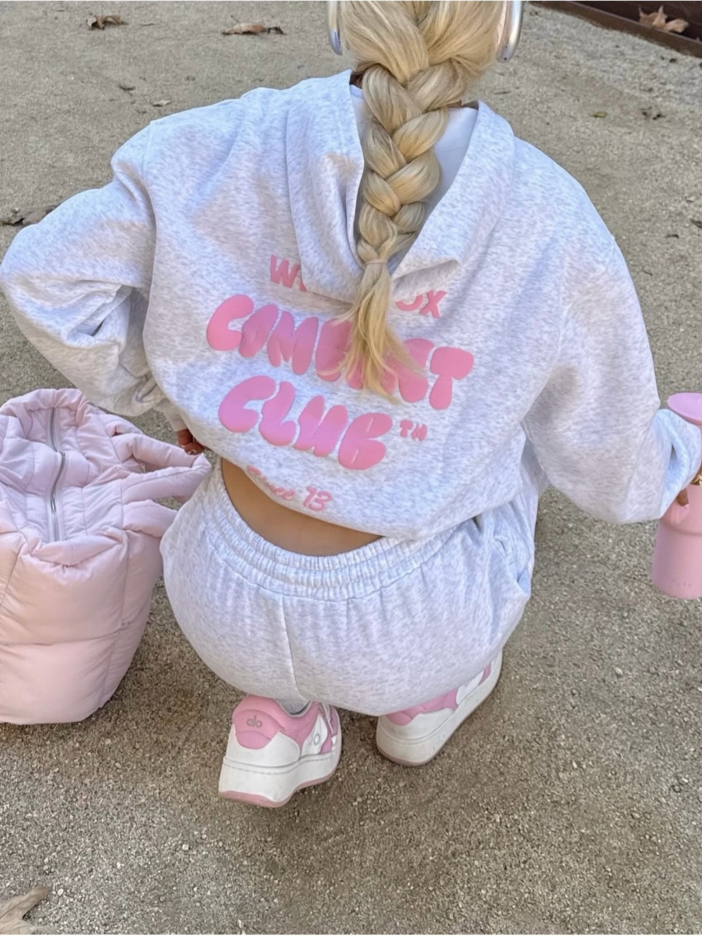 White Fox Boutique Mist Gray Hoodie with Pink Graphic